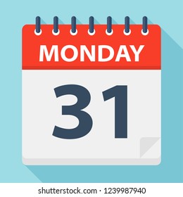 Monday 31 - Calendar Icon. Vector illustration of week day paper leaf.