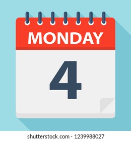 Monday 4 - Calendar Icon. Vector illustration of week day paper leaf.