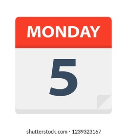 Monday 5 - Calendar Icon. Vector illustration of week day paper leaf.