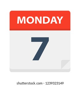 Monday 7 - Calendar Icon. Vector illustration of week day paper leaf.