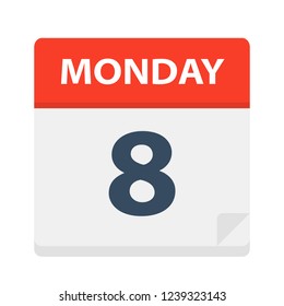 Monday 8 - Calendar Icon. Vector illustration of week day paper leaf.