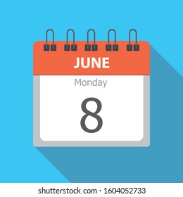 Monday 8 - June - Calendar icon. Flat vector illustration of week day paper leaf.