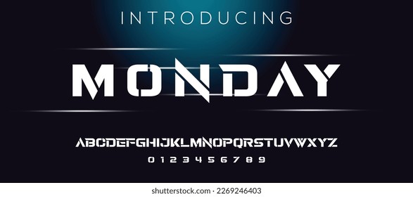 MONDAY Amazing typeface vector logo design. Sports minimal tech font letter set. Luxury vector typeface for company. Modern gaming fonts logo design.