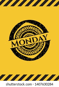 Monday black grunge emblem, yellow warning sign. Vector Illustration. Detailed.