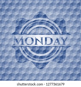 Monday blue emblem with geometric pattern background.