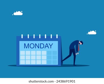 Monday Blues, gelangweilt von regelmäßigen Büroarbeiten. Müder und depressiver Geschäftsmann geht zur Arbeit am Montagskalender 