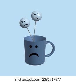 Monday blues, tired and fear of routine office work, depression. Blue Monday concept. Realistic 3d object cartoon style. Vector colorful illustration.