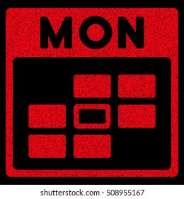 Monday Calendar Grid grainy textured icon for overlay watermark stamps. Flat symbol with dust texture. Dotted vector red ink rubber seal stamp with grunge design on a black background.