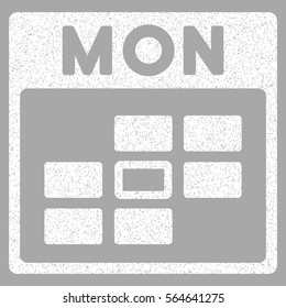 Monday Calendar Grid grainy textured icon for overlay watermark stamps. Flat symbol with unclean texture. Dotted vector white ink rubber seal stamp with grunge design on a silver background.
