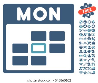 Monday Calendar Grid icon with bonus tools pictures. Vector illustration style is flat iconic symbols, cyan and blue, white background.
