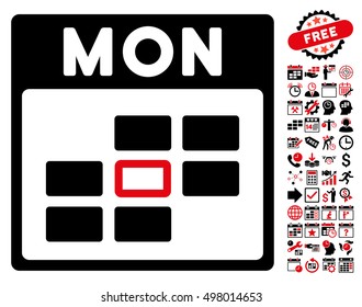 Monday Calendar Grid pictograph with bonus calendar and time management pictograms. Vector illustration style is flat iconic symbols, intensive red and black, white background.