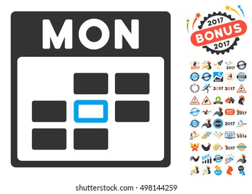 Monday Calendar Grid pictograph with bonus calendar and time management pictograph collection. Vector illustration style is flat iconic symbols, blue and gray colors, white background.