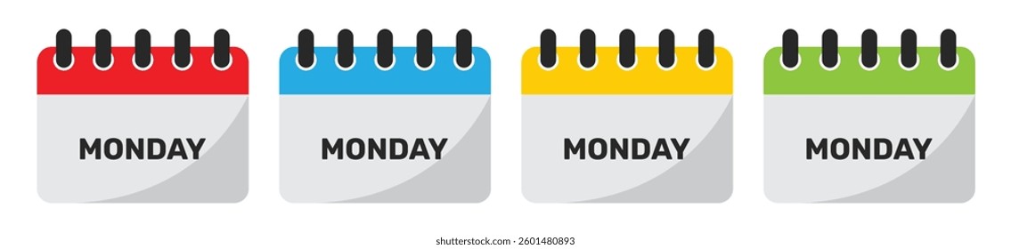 Monday calendar icon set in red, blue, yellow and green. Set of flat monday calendar icons isolated on a white background.