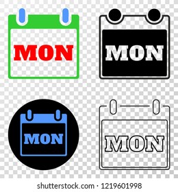 Monday calendar page EPS vector pictogram with contour, black and colored versions. Illustration style is flat iconic symbol on chess transparent background.