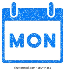 Monday Calendar Page grainy textured icon for overlay watermark stamps. Flat symbol with scratched texture. Dotted vector blue ink rubber seal stamp with grunge design on a white background.