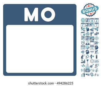 Monday Calendar Page icon with bonus calendar and time management graphic icons. Vector illustration style is flat iconic bicolor symbols, cyan and blue colors, white background.