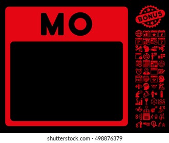 Monday Calendar Page icon with bonus calendar and time management pictures. Vector illustration style is flat iconic symbols, red, black background.