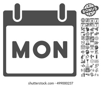 Monday Calendar Page icon with bonus calendar and time management graphic icons. Vector illustration style is flat iconic symbols, gray, white background.