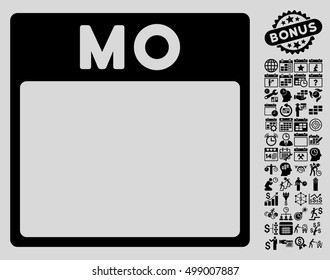 Monday Calendar Page icon with bonus calendar and time management symbols. Vector illustration style is flat iconic symbols, black, light gray background.