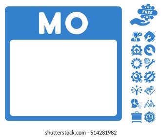 Monday Calendar Page icon with bonus settings pictograph collection. Vector illustration style is flat iconic symbols, cobalt, white background.