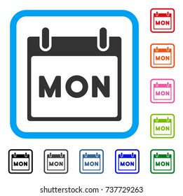 Monday Calendar Page icon. Flat gray iconic symbol inside a light blue rounded squared frame. Black, gray, green, blue, red, orange color variants of Monday Calendar Page vector.