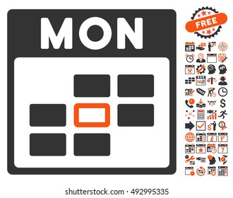 Monday Calendar Page pictograph with bonus calendar and time management graphic icons. Vector illustration style is flat iconic bicolor symbols, orange and gray colors, white background.