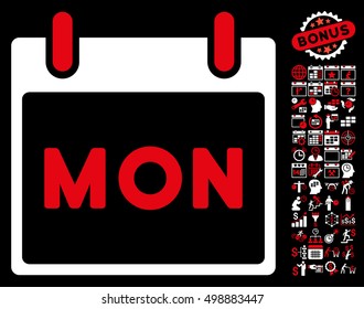 Monday Calendar Page pictograph with bonus calendar and time management graphic icons. Vector illustration style is flat iconic symbols, red and white, black background.