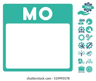 Monday Calendar Page pictograph with bonus tools pictograph collection. Vector illustration style is flat iconic symbols, cobalt and cyan, white background.