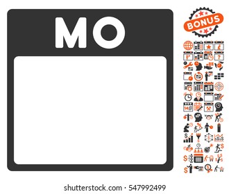 Monday Calendar Page pictograph with bonus calendar and time management symbols. Vector illustration style is flat iconic symbols, orange and gray, white background.