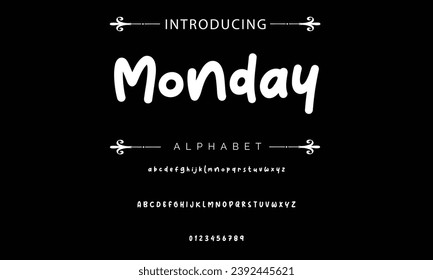 Monday font modern bouncy typeset, lively friendly alphabet. Playful cheerful letters in Los Muertos Mexican style for menus, labels, signage, ads, crafts and comic book. Vector typographic design