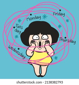 Monday To Friday In Galaxy Orbit The Stressed And Anxious Young Woman As The Center Of The Universe Concept Card Character illustration