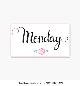 Monday. Hand drawn calligraphic word created with blob brush. Isolated typographical design element for prints, invitations, templates and cards. Unique typography on the background. Printable card.