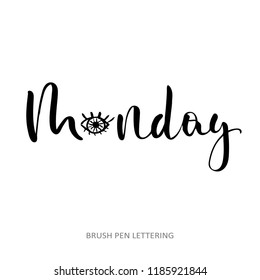 Monday. Hand written elegant phrase. Typography poster, sticker design, apparel print. Black vector isolated on white background.
