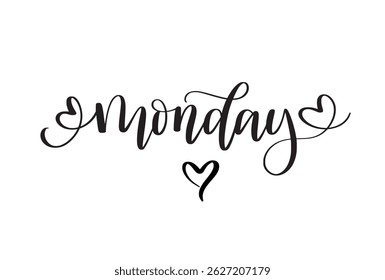 Monday hand-written script with hearts. Days of the week for stories, posts, scrapbooking and wall art. Journalling and planners. Vector design