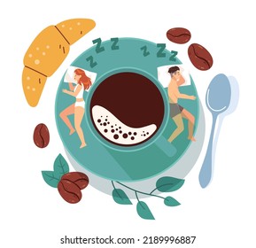 Monday hard morning, daily morning wake up challenge. Sleepy man and woman sleeping on pillows, coffee cup top view, espresso and croissant. Early breakfast. Vector cartoon flat concept