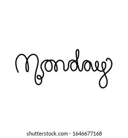 Monday inscription, continuous line drawing, hand lettering, print for clothes, t-shirt, emblem or logo design, one single line on a white background. Isolated vector illustration.