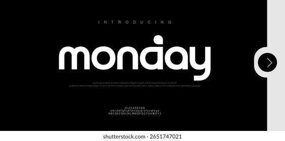 Monday Minimal modern logo alphabet font. Typography abstract minimalist sans serif technology, electronic, digital, music, movie, creative logos fonts.