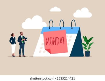 Lunes por la mañana. Gente de negocios que va a trabajar con el calendario que muestra el lunes. Lunes trabajo de oficina de rutina. Ilustración vectorial plana