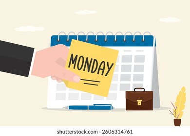 Monday morning. Start of the working week. Businessman hand sticks a note on calendar. Work week schedule. Monday routine office work. flat vector illustration