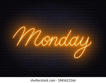 Monday neon sign on brick wall background.