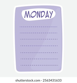 Monday Paper Note for Weekly Planning. Vector illustration Sticker. Monday paper note vector sticker for weekly planning and scheduling