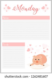 Monday planner, page for organiser, printable for your notes. Sleeping pig on pillow.Vector Illustration.