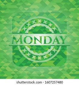 Monday realistic green mosaic emblem. Vector Illustration. Detailed.