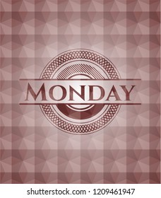 Monday red emblem or badge with geometric pattern background. Seamless.