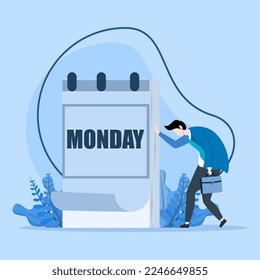 Monday sad, tired and scared of routine office work, tired and sleepy businessman going to work with calendar showing Monday, depressed or sad, sleepy and frustrated worker on Monday morning.