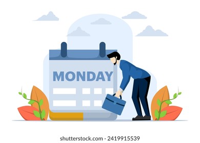 Monday sad, tired and scared with routine office work, businessman tired and sleepy going to work with calendar showing Monday, worker depressed or sad, sleepy and frustrated on Monday morning.