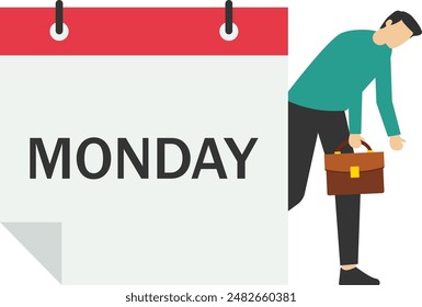 Monday sad, tired and scared of routine office work, tired and sleepy businessman going to work with calendar showing Monday, depressed or sad, sleepy and frustrated worker on Monday morning.