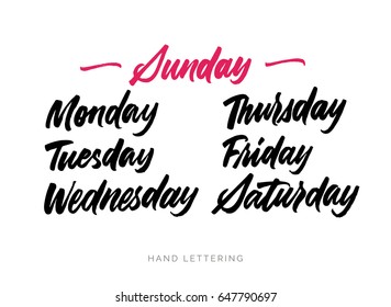 Monday, Sunday. All days of the week written by hand in a modern elegant way. Can be printed on greeting cards, paper and textile designs, etc.