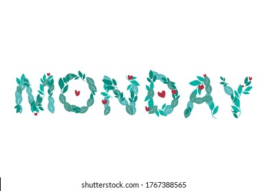 Monday text from leaves isolated. Vector stock illustration. Weekday monday with green leaves. Day of the week or weekday for planner, organizer. Illustration with isolated monday