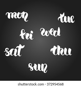 Monday, tuesday, wednesday, thursday, friday, saturday and sunday lettering. Hand drawn vector white calligraphy set of short days of week with black gradient background. Easy editable